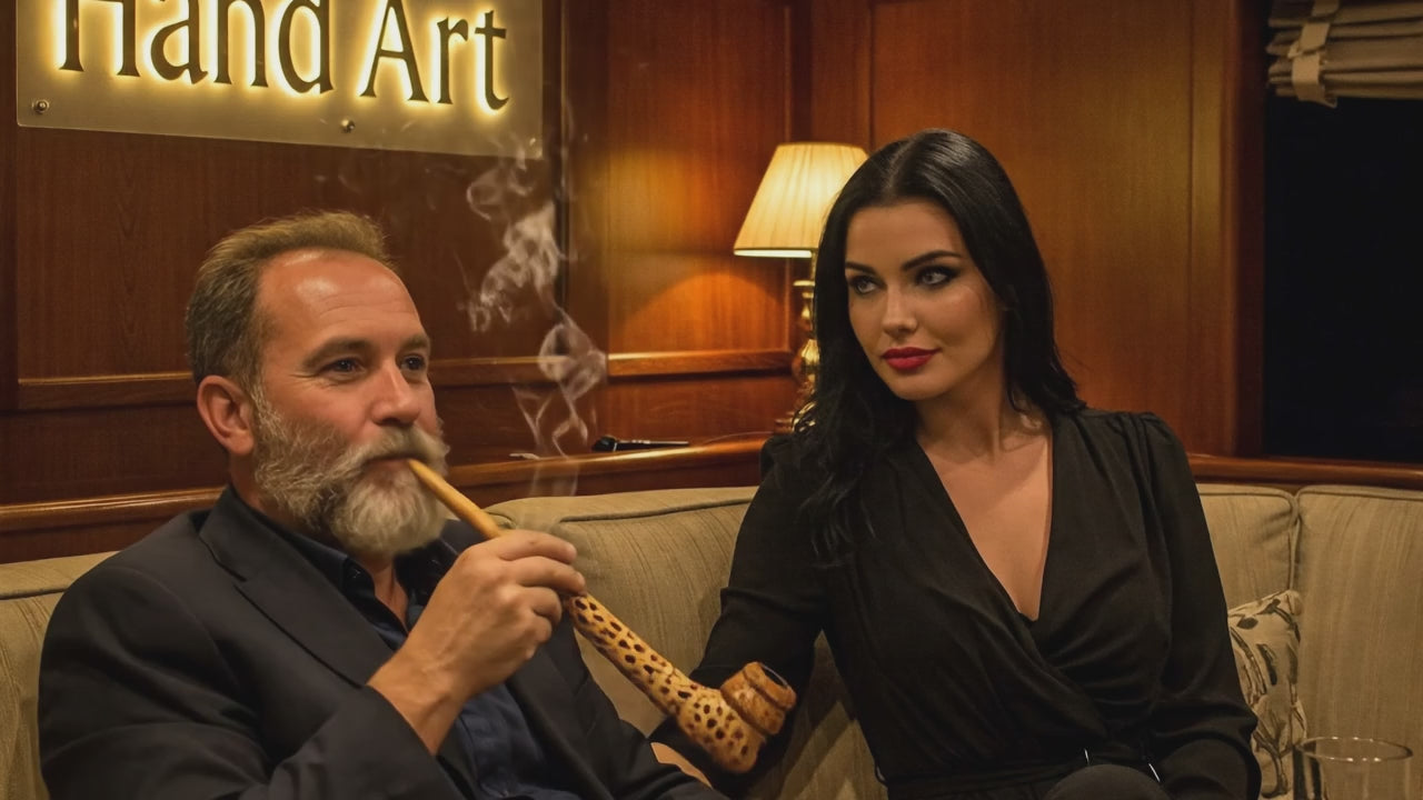 Загрузить видео: Old rich man smoking Handart exclusive pipe in yacht interior with blackhead beautiful girl